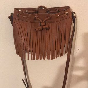 small, brown Rebecca Minkoff fringe crossbody